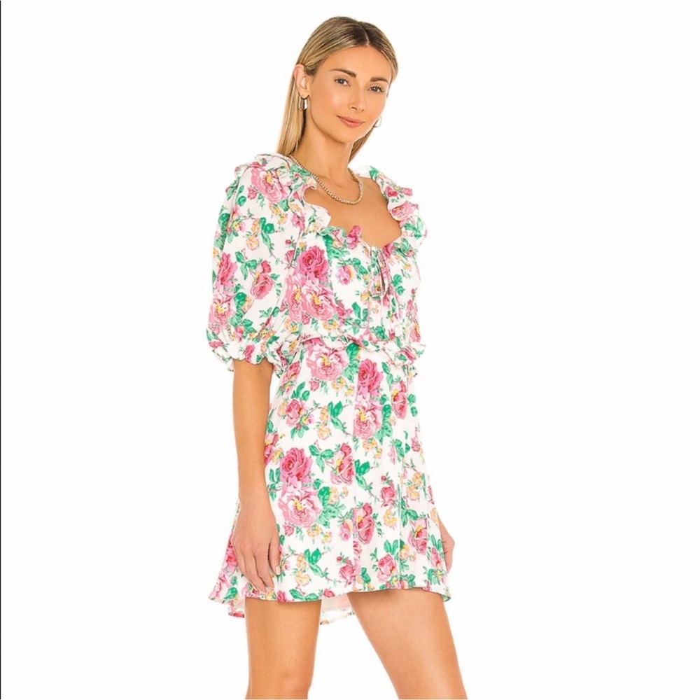 For Love & Lemons Imogene Floral Puff Sleeve Mini Dress Coquette Flounce XS